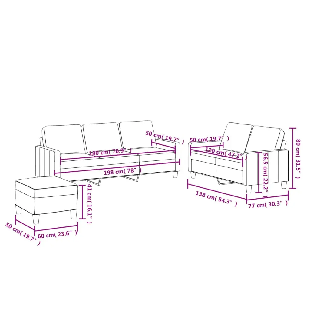 Brown Faux Leather 3 Piece Sofa Set with Footstool