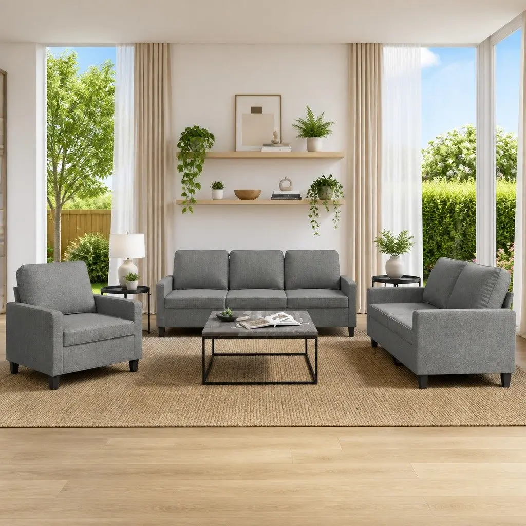Grey Fabric 3 Piece Sofa Set for Living Rooms