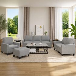 Durable Grey Fabric Sofa Set with Cushions and Footstool