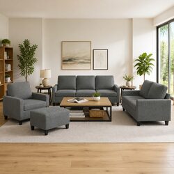 Sturdy 4 Piece Grey Fabric Sofa Set with Footstool