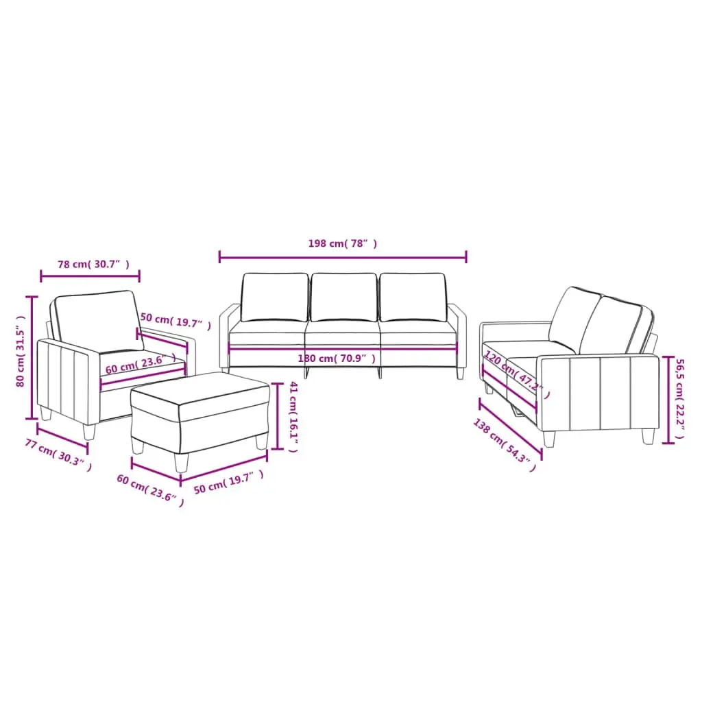4 Piece Grey Fabric Sofa Set with Footstool