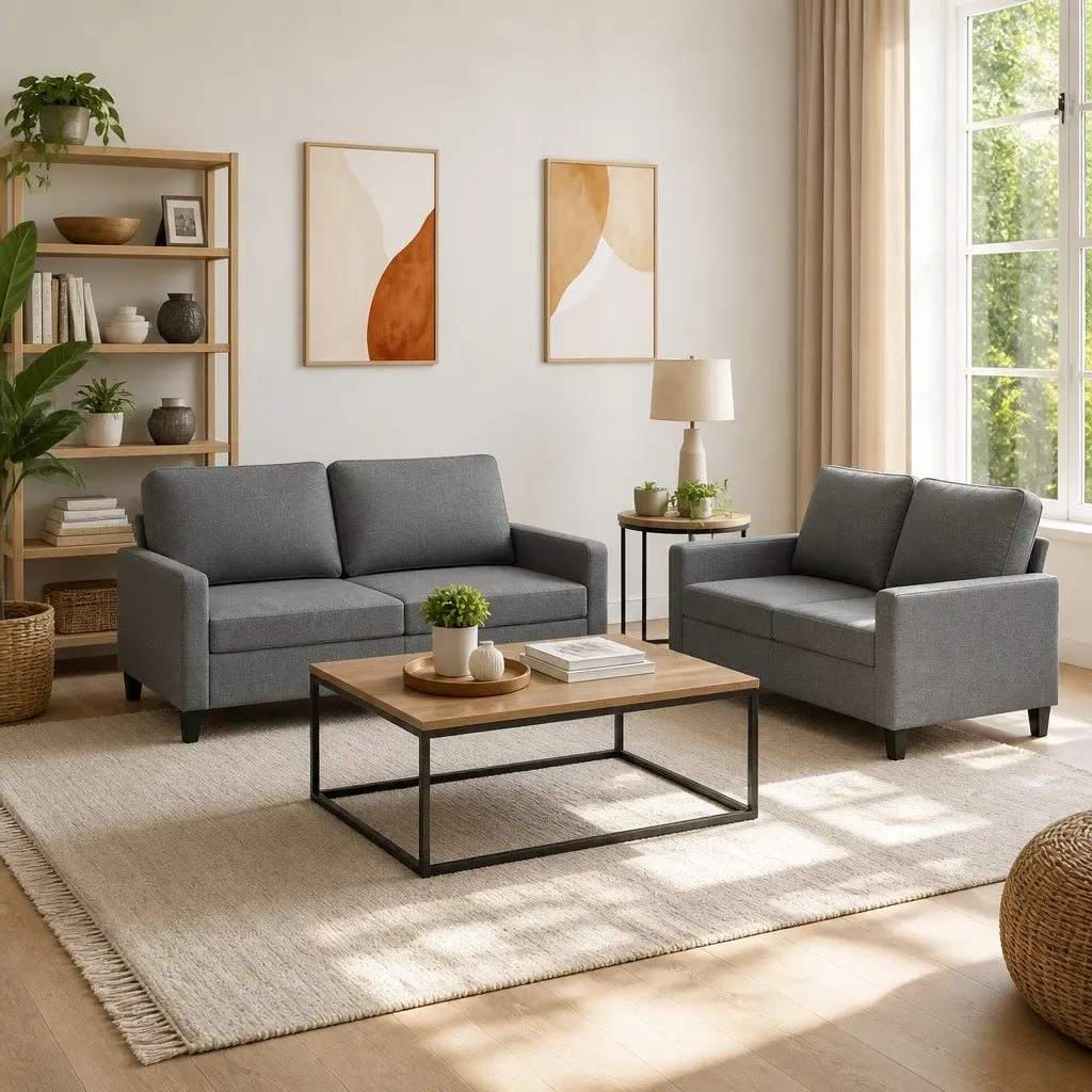 Grey Fabric 2 Piece Lounge Suite with Cushions