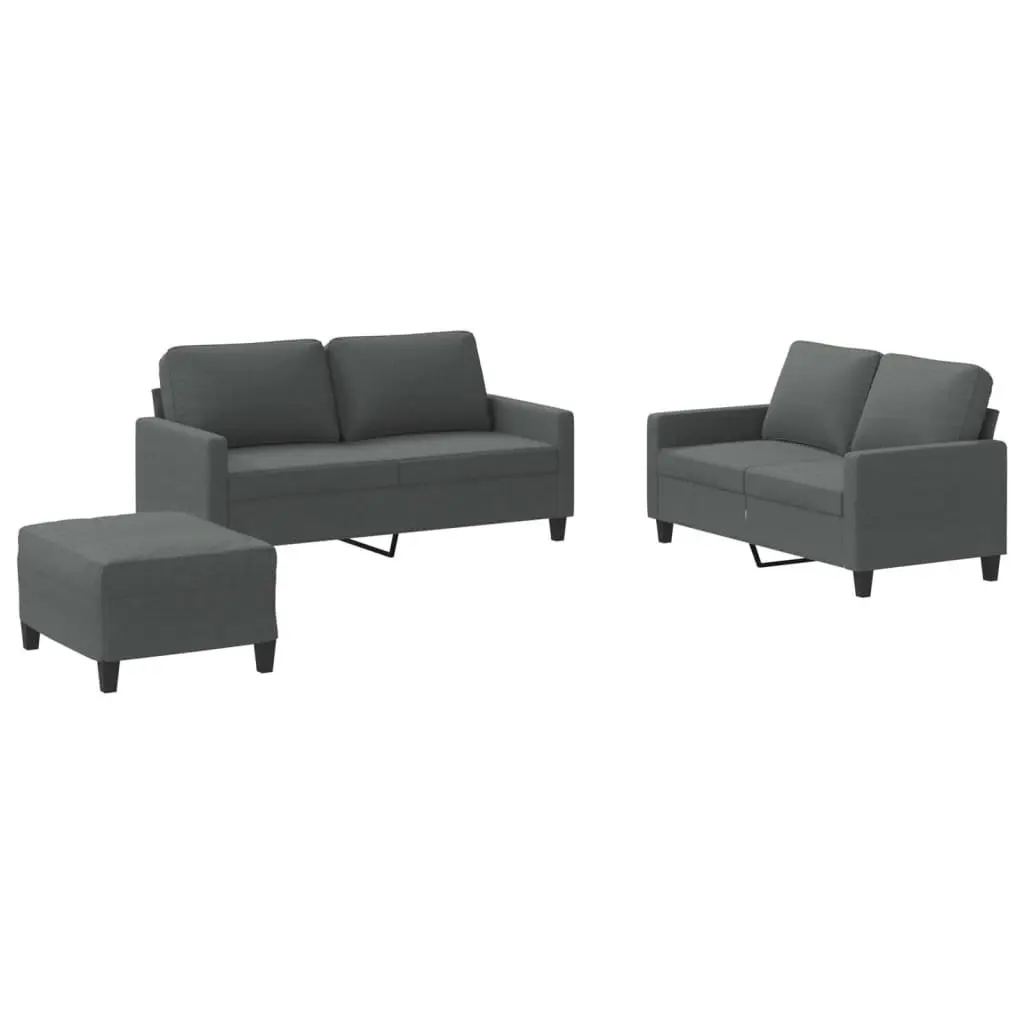 3 Piece Grey Fabric Sofa Set with Footstool