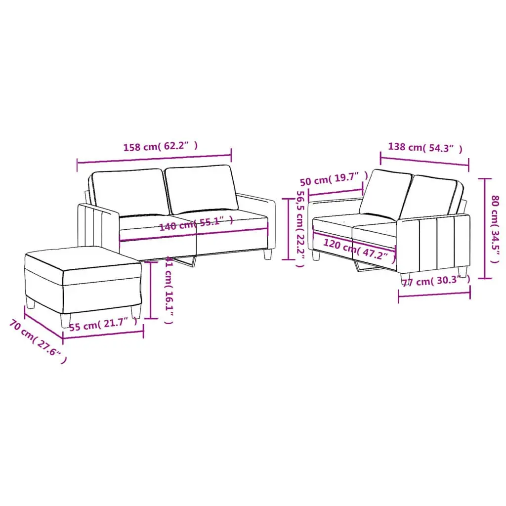 3 Piece Grey Fabric Sofa Set with Footstool