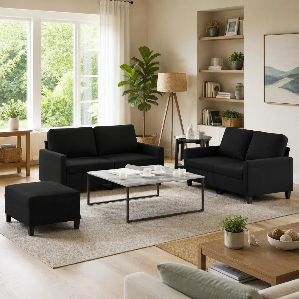 Sofa Set Fabric Black 3-Piece Living Room Furniture