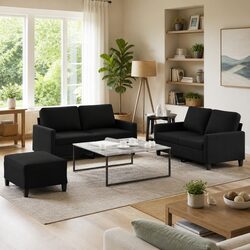 Durable Black Fabric Sofa Set with Cushions and Footstool