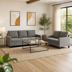 Exceptional 2 Piece Grey Fabric Sofa Set with Cushions