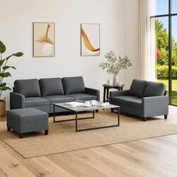 Grey Fabric Lounge Suite 3-Piece Sofa Set with Footstool