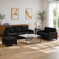 Durable 3 Piece Black Fabric Sofa Set with Cushions
