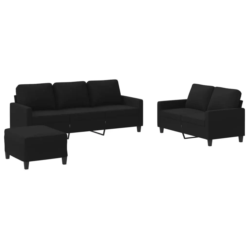 3 Piece Black Fabric Sofa Set with Cushions