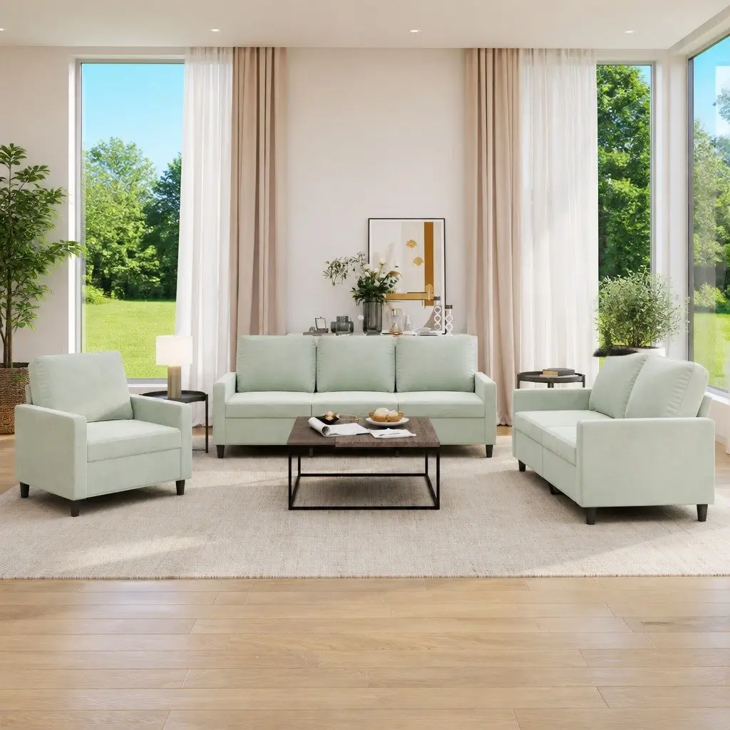 Grey Velvet 3 Piece Sofa Set with Padded Comfort