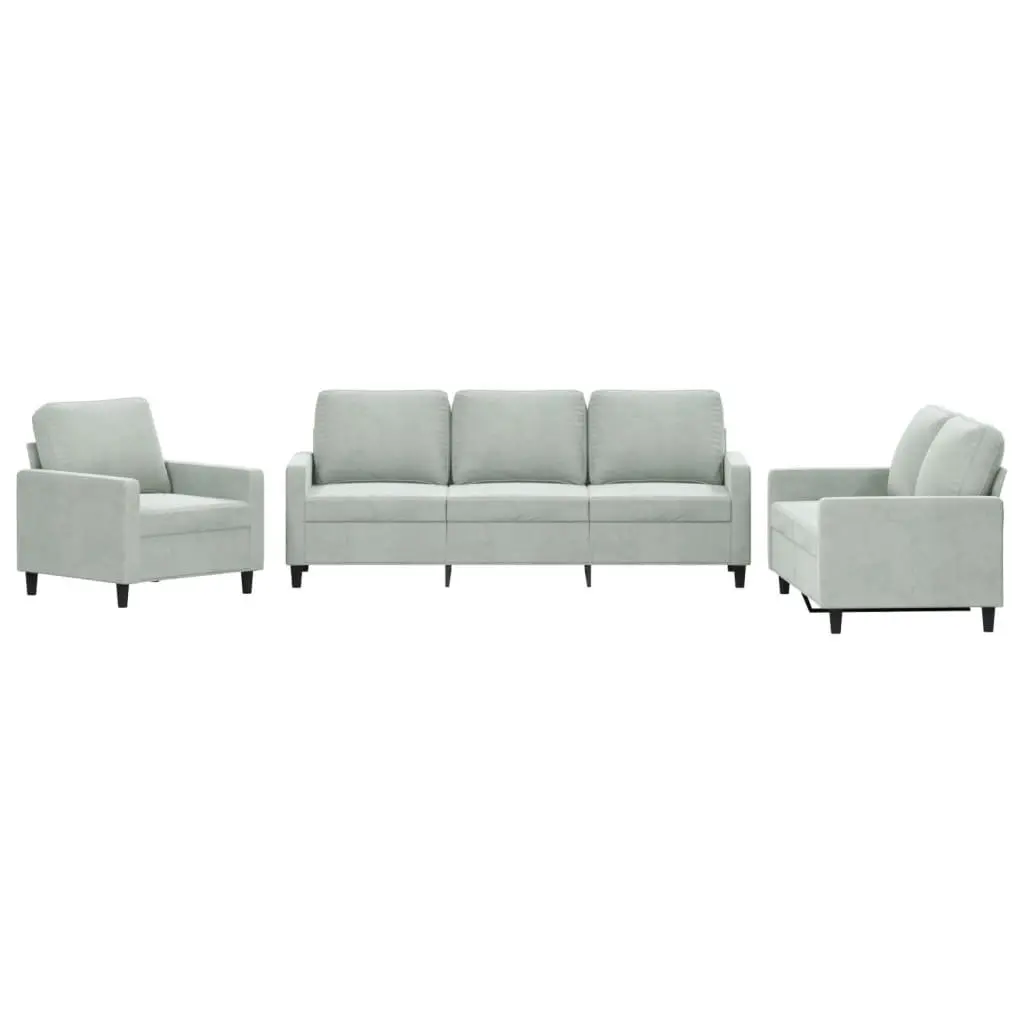 Grey Velvet 3 Piece Sofa Set with Padded Comfort