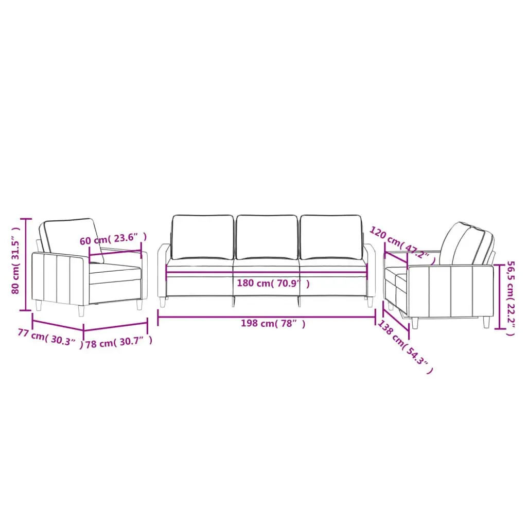 Grey Velvet 3 Piece Sofa Set with Padded Comfort