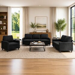 Premium Black Velvet Sofa Set - 3 Pieces with Cushions