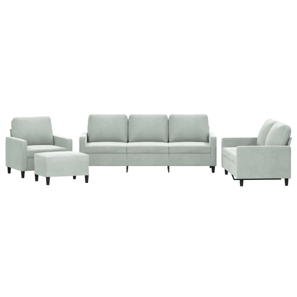 Grey Velvet 4 Piece Sofa Set with Footstool