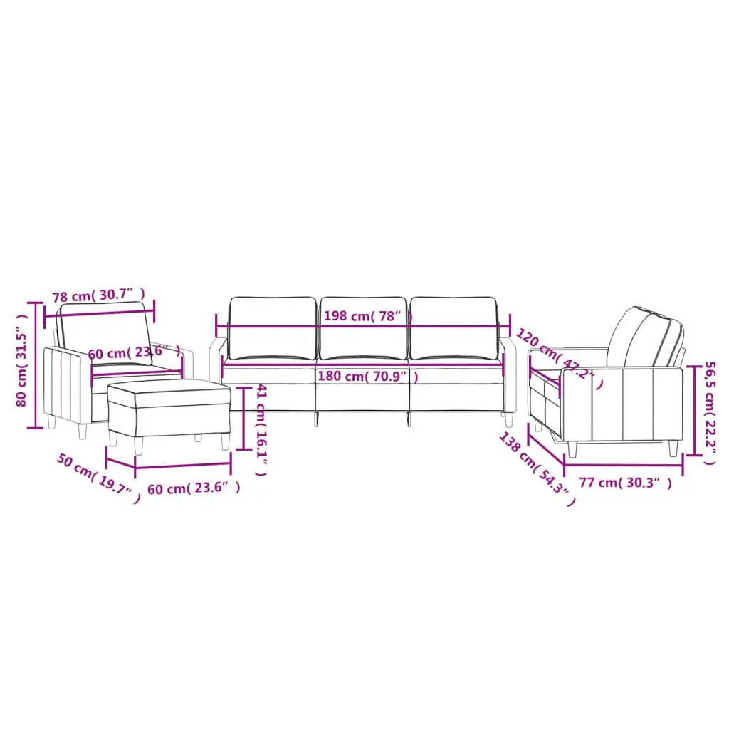 Grey Velvet 4 Piece Sofa Set with Footstool