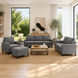 Grey Velvet 4 Piece Sofa Set with Footstool and Cushions