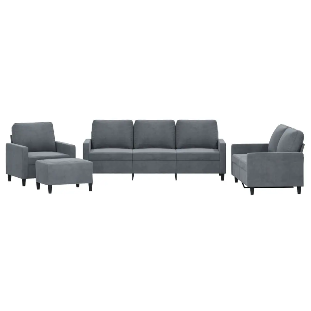 Sofa Set Velvet Grey 4 Piece with Footstool Cushions