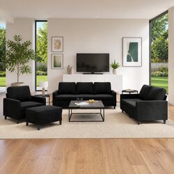 Stylish Black Velvet 4 Piece Sofa Set with Footstool