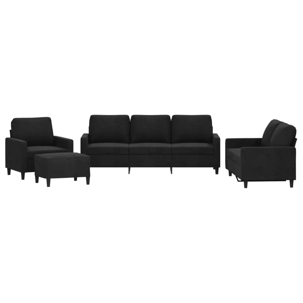 Black Velvet 4 Piece Sofa Set with Footstool