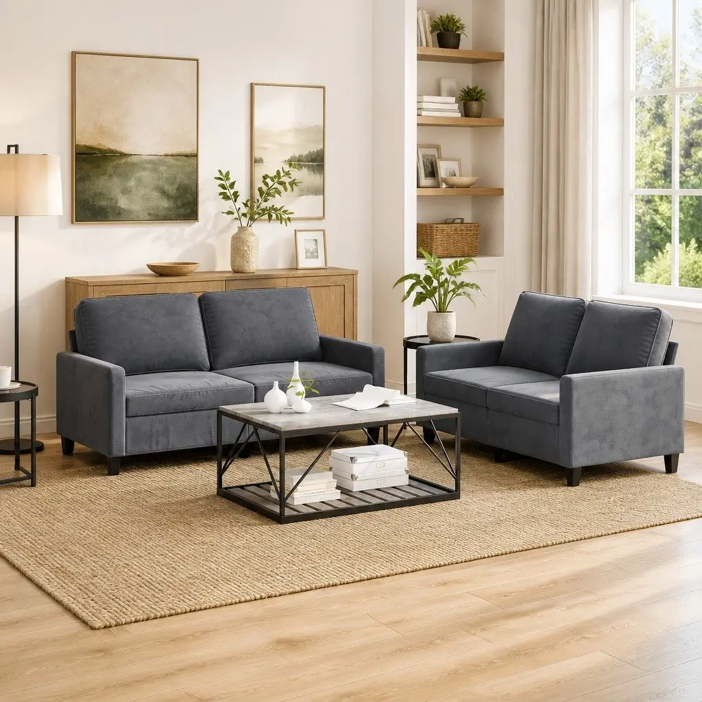 Grey Velvet 2 Piece Sofa Set with Padded Seats