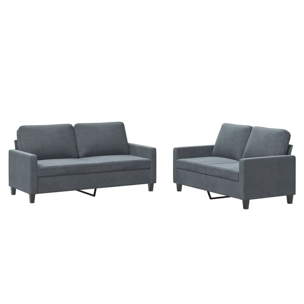 Grey Velvet 2 Piece Sofa Set with Padded Seats