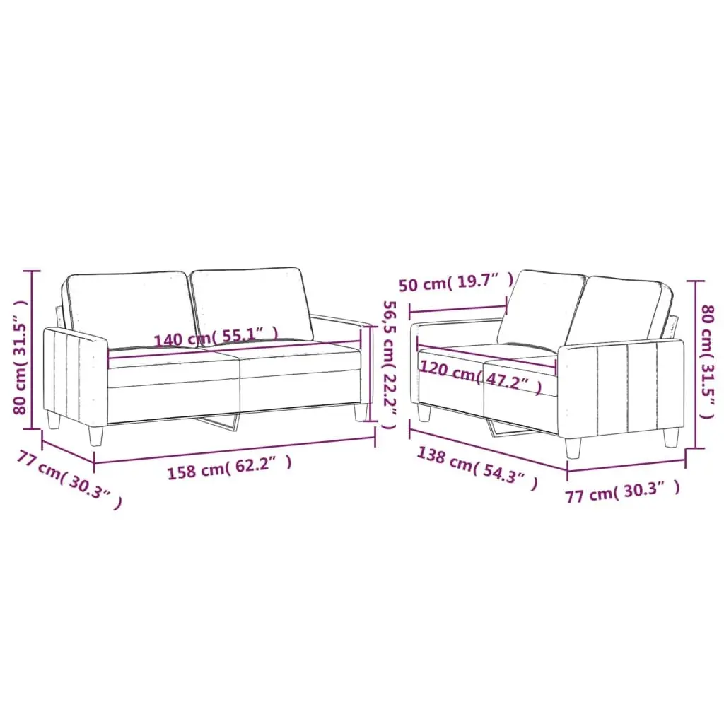Grey Velvet 2 Piece Sofa Set with Padded Seats