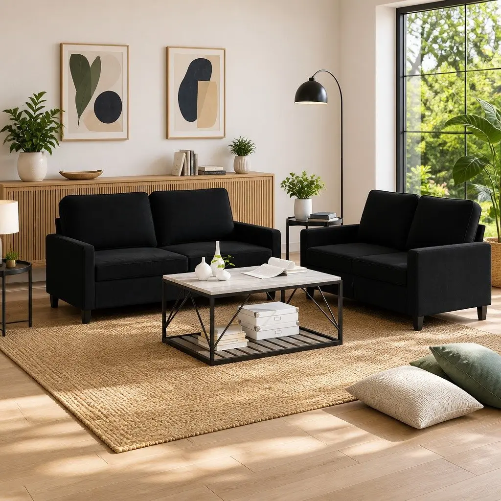 Sofa Set Velvet 2 Piece Black