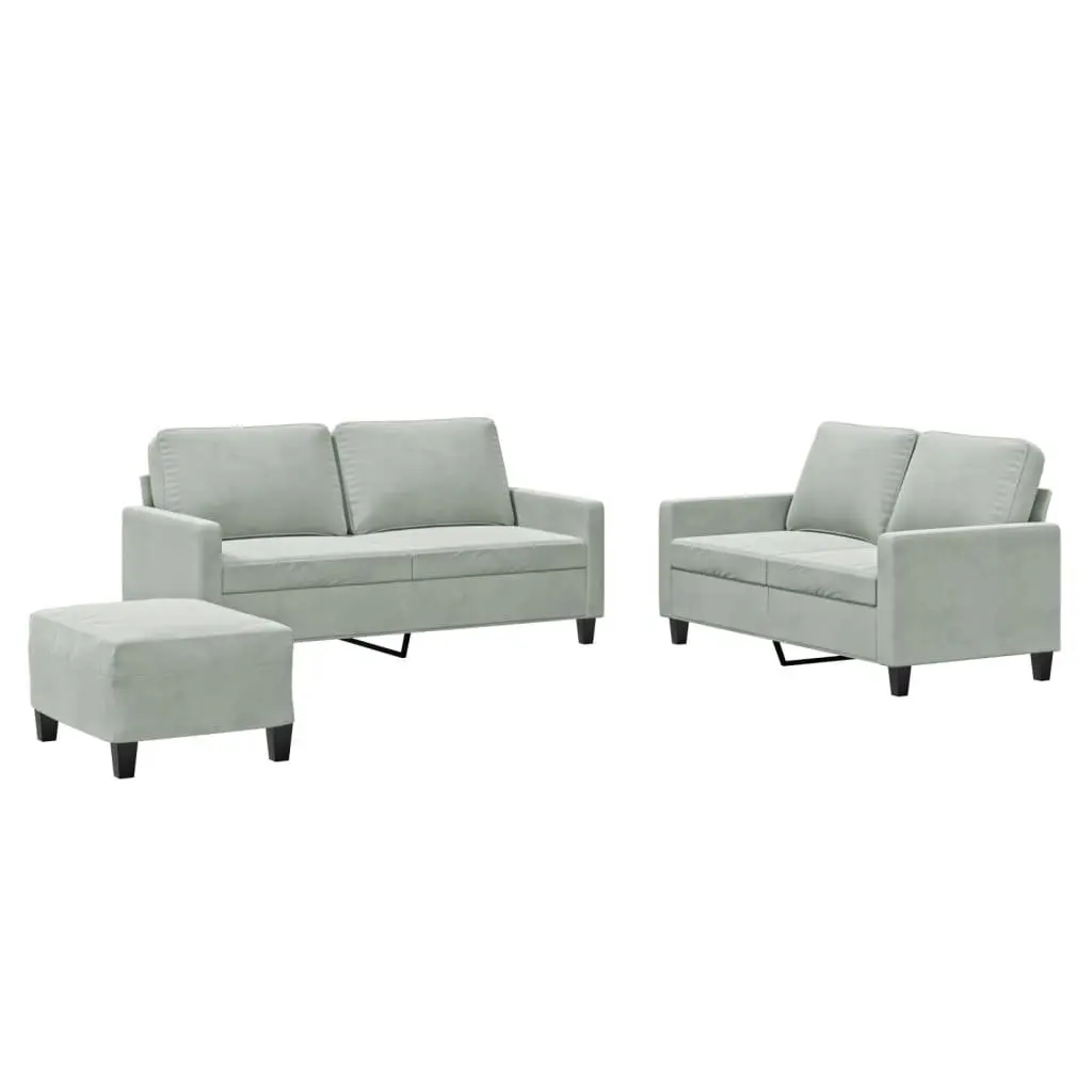 Grey Velvet 3 Piece Sofa Set with Footstool