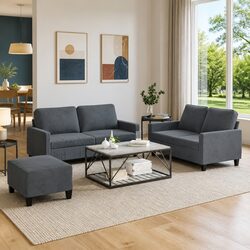 Durable Grey Velvet 3 Piece Sofa Set with Cushions