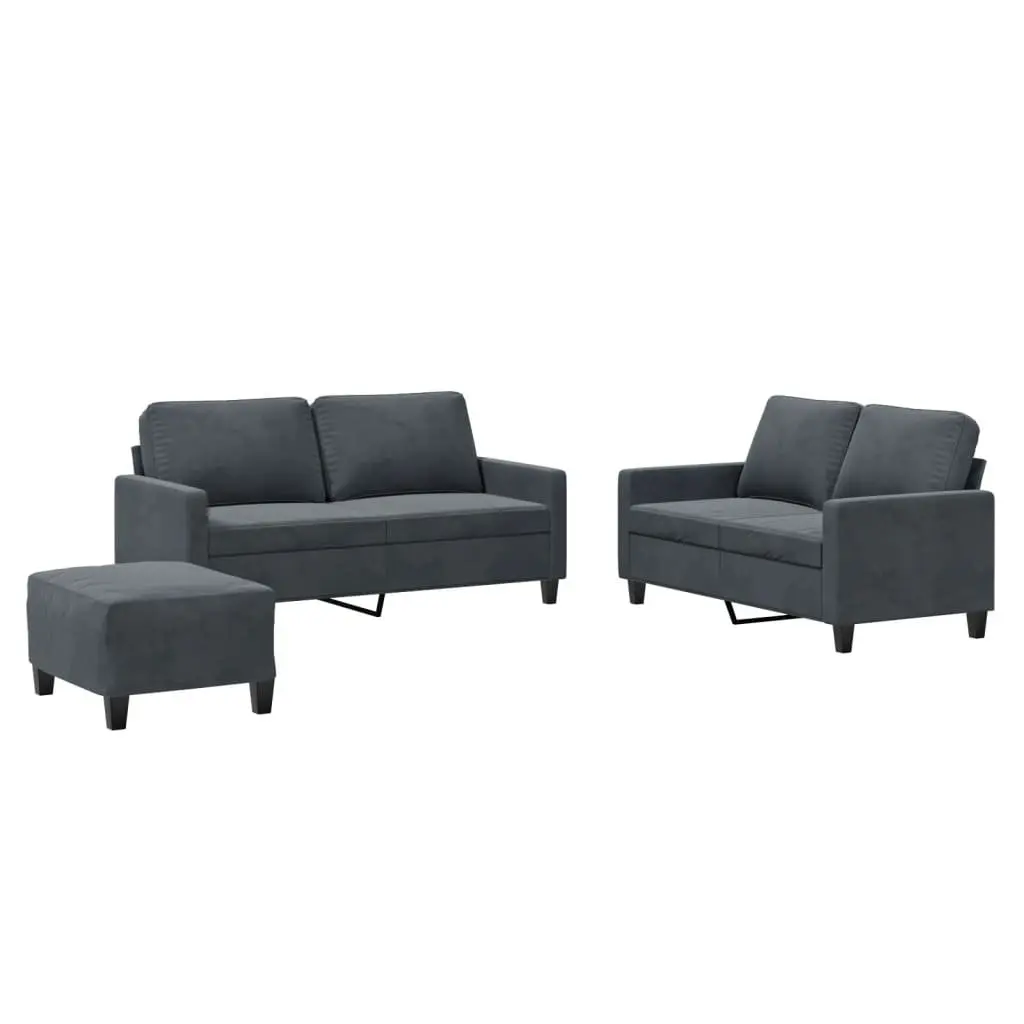 Grey Velvet 3 Piece Sofa Set with Cushions