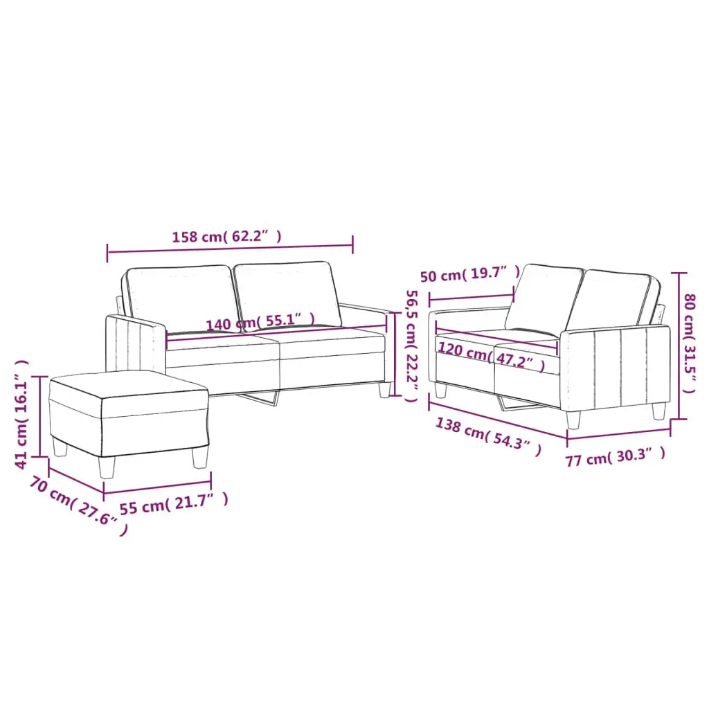 Grey Velvet 3 Piece Sofa Set with Cushions