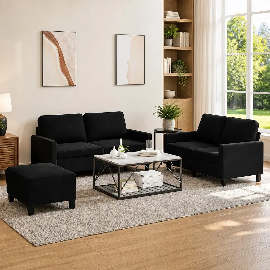 3 Piece Sofa Set Velvet Black Compact Living Room