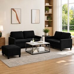 Elegant Black Velvet 3 Piece Sofa Set with Cushions