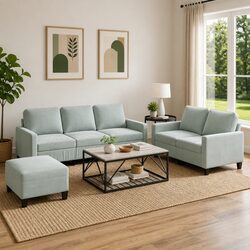 Grey Velvet 3 Piece Sofa Set with Footstool for Living Rooms