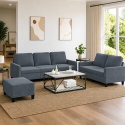 Grey Velvet 3 Piece Sofa Set with Footstool for Comfort