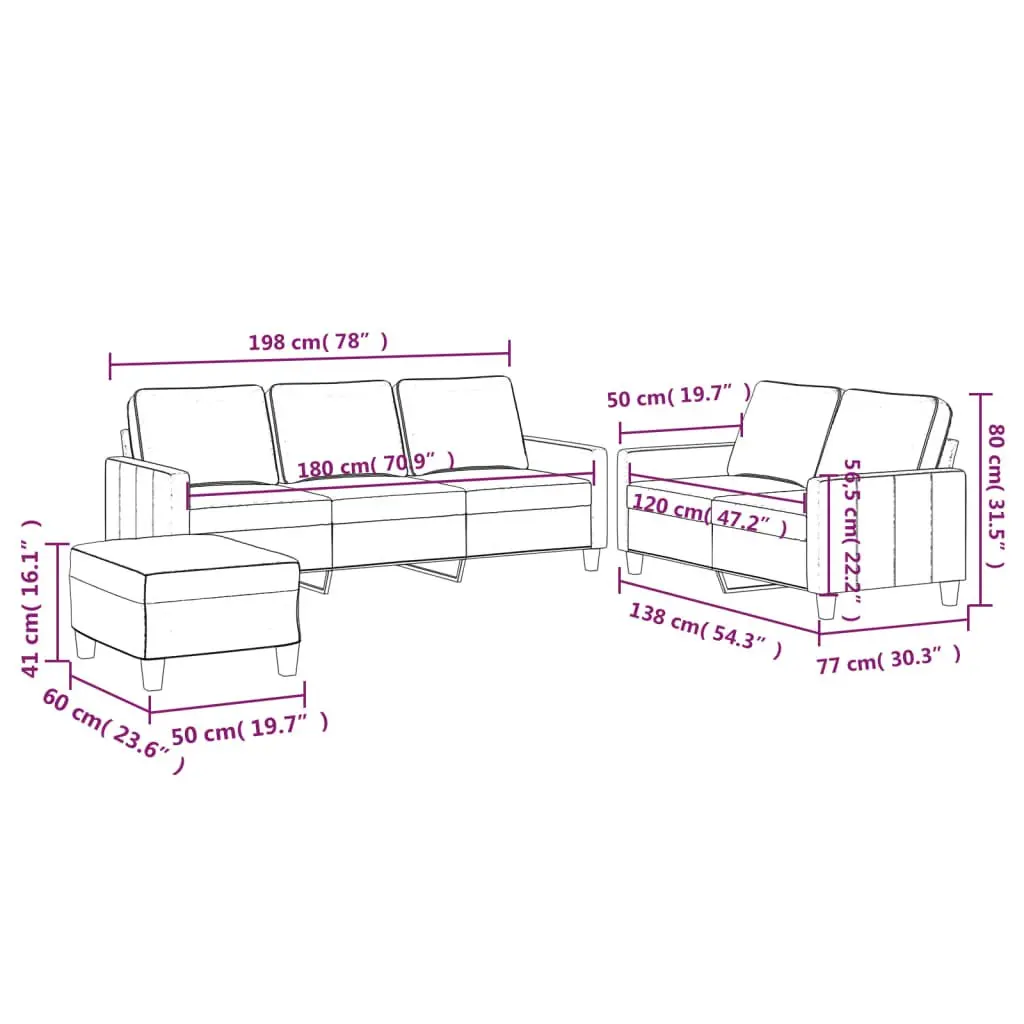 Grey Velvet 3 Piece Sofa Set with Footstool for Comfort