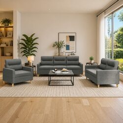 Durable Grey Fabric 3 Piece Sofa Set with Cushions