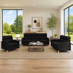 Durable 3 Piece Black Fabric Sofa Set for Comfort