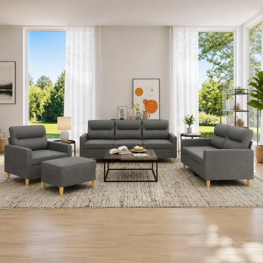 4 Piece Grey Fabric Sofa Set with Footstool