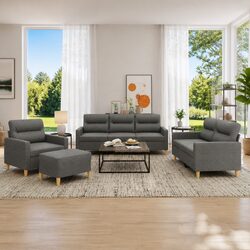 Premium 4 Piece Grey Fabric Sofa Set with Footstool