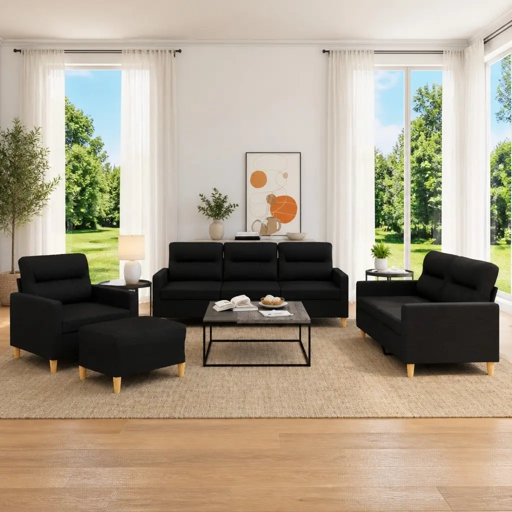 4 Piece Black Fabric Sofa Set with Cushions