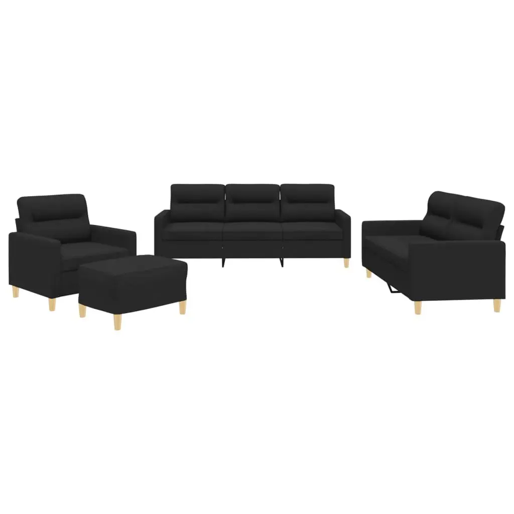 4 Piece Black Fabric Sofa Set with Cushions
