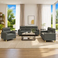 Stylish 3 Piece Grey Fabric Sofa Set with Pillows