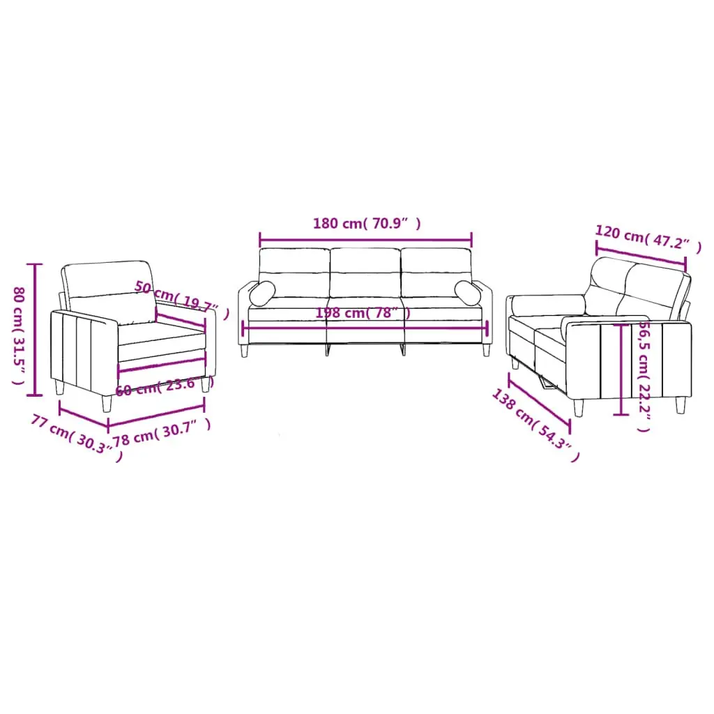 3 Piece Grey Fabric Sofa Set with Pillows