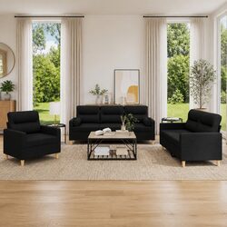 Durable 3 Piece Sofa Set in Black Fabric for Living Rooms
