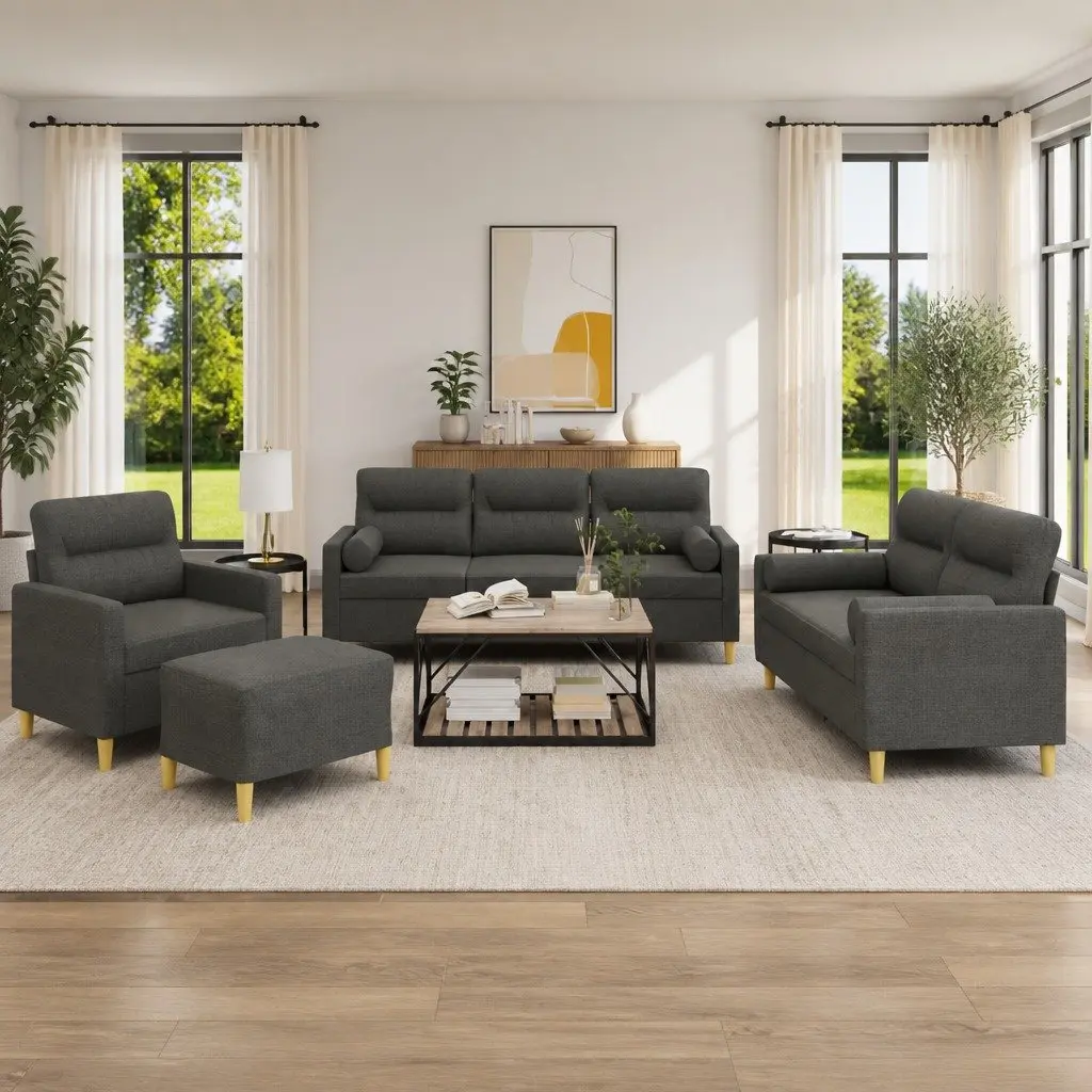 Sofa Set Fabric Grey 4 Piece with Pillows Footstool