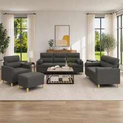 Sturdy 4 Piece Grey Fabric Sofa Set with Pillows and Footstool
