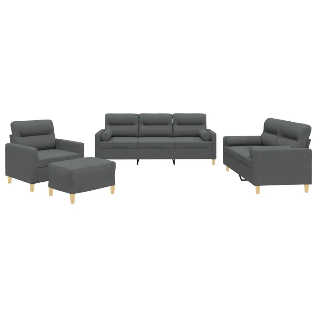 Sofa Set Fabric Grey 4 Piece with Pillows Footstool