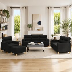 Durable 4 Piece Black Fabric Sofa Set with Pillows